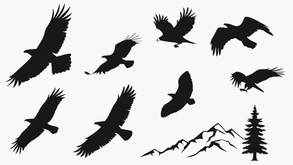 Obraz premium Silhouettes of Eagles in Flight Above Mountains and Trees in Natural Landscape