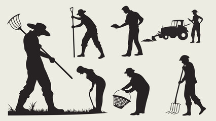 Obraz premium Silhouettes of Farmers Engaged in Various Agricultural Activities in a Field