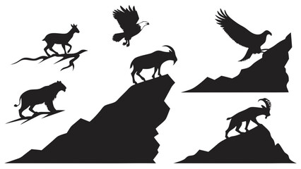Silhouettes of Mountain Goats and Eagles in Dynamic Poses Against Rock