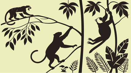 Silhouettes of Monkeys Climbing Trees Amidst Tropical Leaves in Forest