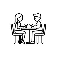 Line drawing of a couple sitting at a table with wine glasses in a restaurant setting illustration