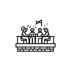 Illustration of four people sitting at a table on a platform with a flag and confetti overhead
