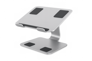 Aluminum laptop stand with non-slip pads, promoting better posture and airflow, isolated on transparent background