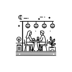 Fototapeta premium Illustration of a couple sitting at a table under hanging lights with plants and moon in the background