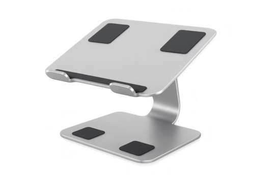 Aluminum laptop stand with non-slip pads, promoting better posture and airflow, isolated on transparent background