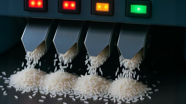 Rice mill production with grain flowing from four metal chutes control panel lights indicating operational status modern agriculture food processing