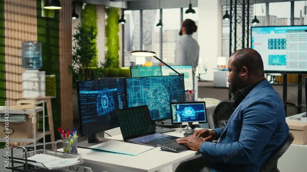 Poster professional advisor reviewing kpi reports with artificial intelligence tools on computer, working w