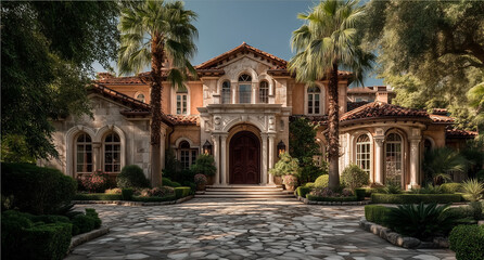 Obraz premium Mediterranean Mansion Exterior With Palm Trees, Ornate Archways, Red Tile Roof and Lush Garden