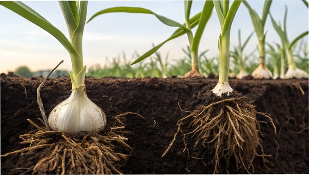 Garlic cloves splitting and rooting beneath a mulch layer, captured from a below-ground angle