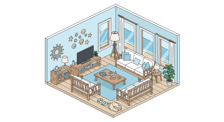 Obraz premium Cozy beachside living room with natural decor and light colors