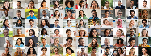 A joyful array of multiracial individuals showcases their unique expressions in a lively collage....