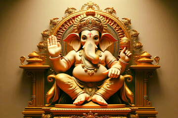 A golden statue of the Hindu god Ganesha, seated in a majestic lotus position atop a mound of coins and glittering gold treasures.