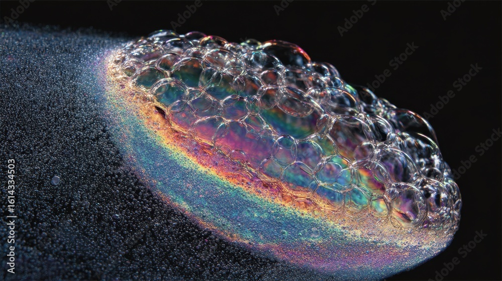 Poster polyurethane foam expands in a vacuum, creating a mesmerizing display of colorful bubbles with iride