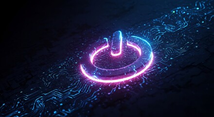Neon Power Button Glowing on Futuristic Circuit Board: Abstract Technology Background Image