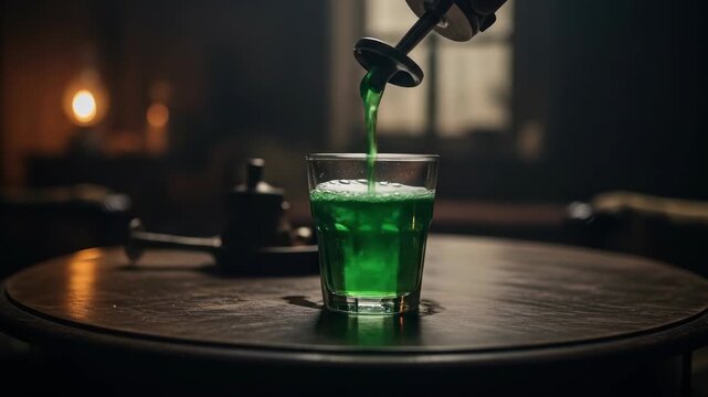 Pouring green absinthe drink into glass on wooden table in dark room, drink alcohol