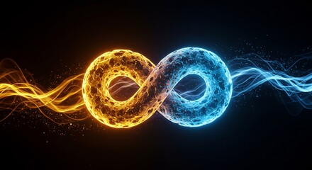Abstract fiery and icy infinity symbol; dynamic energy concept; vibrant, contrasting colors; dark background.