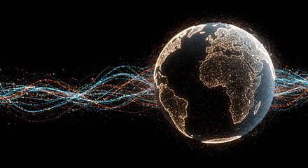 Global Network: Illuminated Earth with Abstract Energy Waves, Futuristic Digital Concept