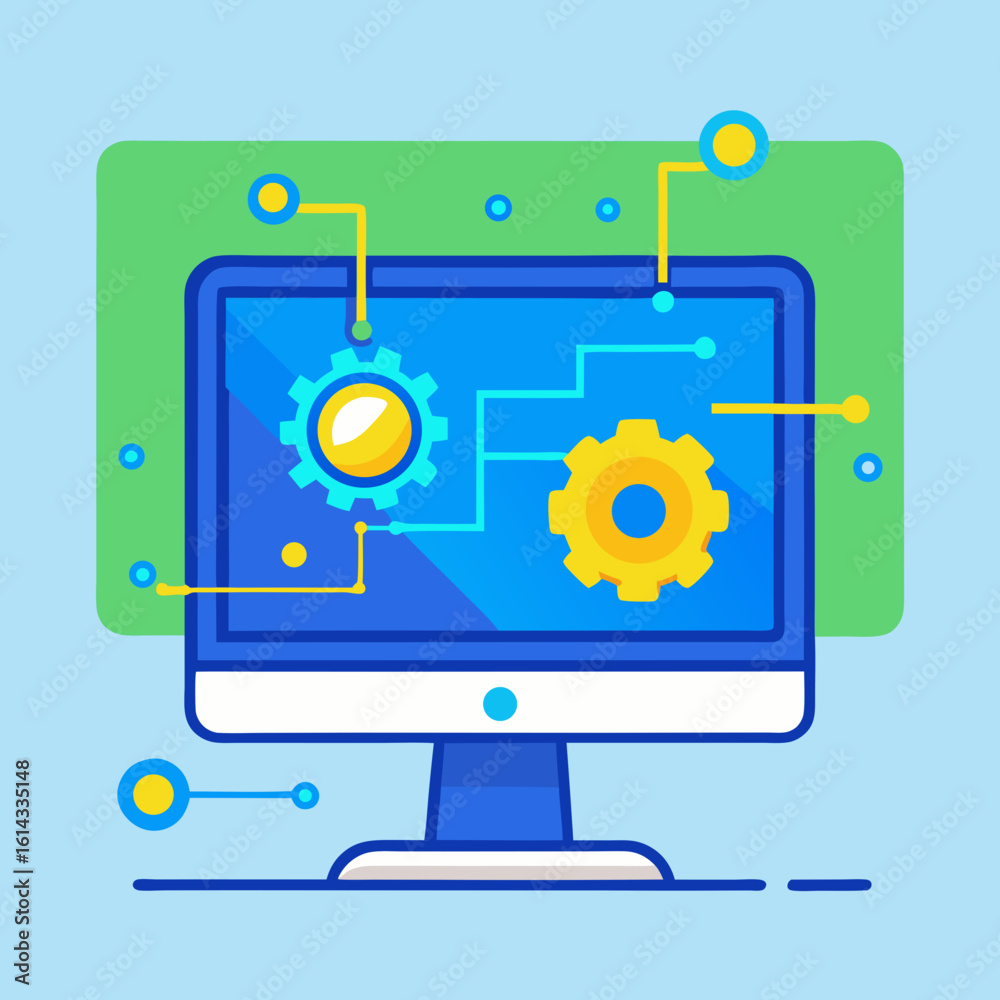 Poster computer screen displaying interconnected gears and circuits representing technology and automation