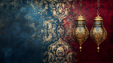 Ornate metal hanging lamps with richly patterned background