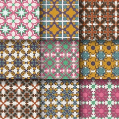 Set of Moroccan pattern set collection, Lisbon floral mosaic, Mediterranean seamless navy blue ornament. Geometric Abstract art arabesque mosaic, Moroccan Flower Vector Tile Seamless pattern.