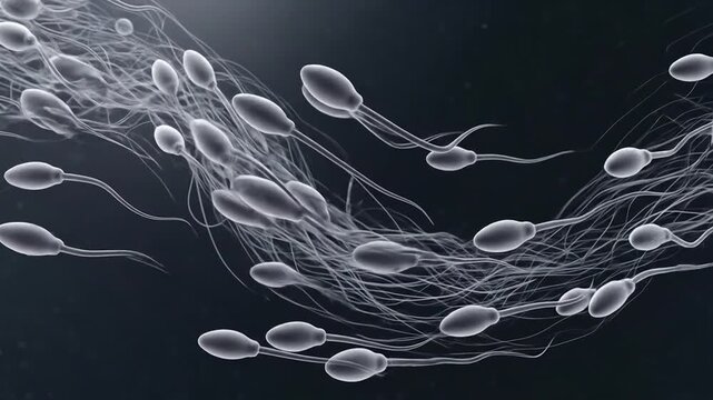 Human sperm cells moving towards an egg on a dark background, a scientific visualization of fertilization and conception