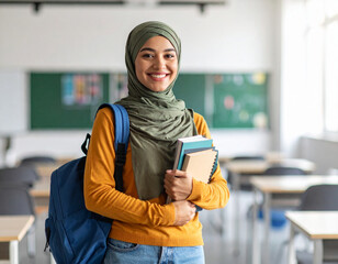 Student in mustard top and green hijab holds books in a classroom with chalkboard, desks, and backpack. A bright scene reflecting education, culture, and academic engagement