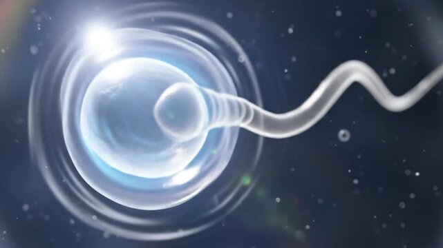 Conceptual illustration of a sperm cell fertilizing an ovum, representing the moment of human conception and the beginning of new life.