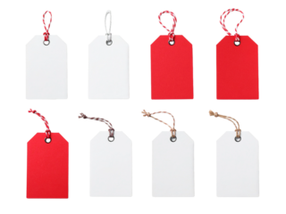 Eight white and red gift tags with strings. Perfect for holiday crafts, gift wrapping, labeling presents, and adding a festive touch.