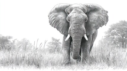 Naklejka premium Intricate pencil illustration of an African elephant facing the viewer in a grassy field
