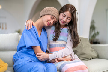 Obraz premium Cancer patient receiving emotional support and care from loved family during chemotherapy recovery, family support, caregiver encouragement, mental health awareness, chronic illness, health insurance