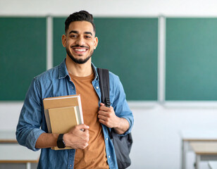 Individual in denim shirt and backpack stands in classroom with green chalkboards, books, and notebook. A confident, modern portrayal of learning, preparation, and academic engagement