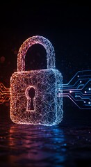 Cybersecurity: Abstract Neon Padlock, Digital Network Security, Futuristic Concept