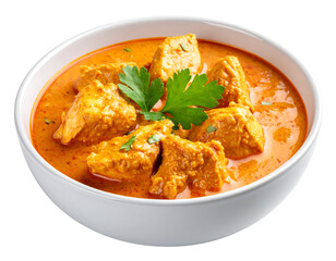 Fototapeta premium A close-up view of a bowl filled with chicken curry isolated on transparent background, garnished with parsley.