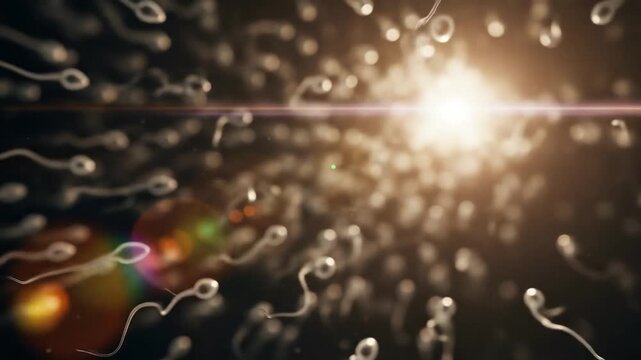 Sperm cells in motion, illuminated by a bright light source, creating a dynamic biological image.