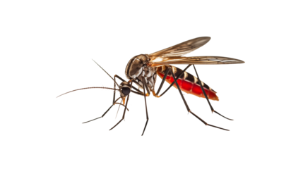 Close up of an Aedes mosquito, the carrier of Zika and Dengue fever showing its red abdomen isolated on white or transparent png.