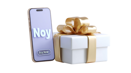  Floating smartphone gift box and Buy Now text transparent background