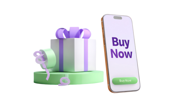 Floating smartphone gift box and Buy Now text transparent background - Powered by Adobe
