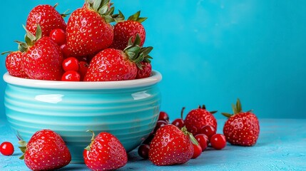 Red Strawberries and Currants in a Blue Bowl