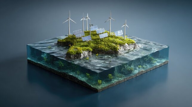 Miniature island with renewable energy sources in a block of water.