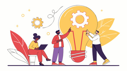 Teamwork and innovation concept with people around a large lightbulb and gears collaborating together