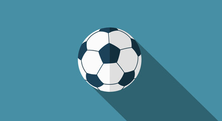 Obraz premium Clean Minimalist Soccer Ball Illustration with Long Shadow on Blue Background Displaying Artistic Flat Design