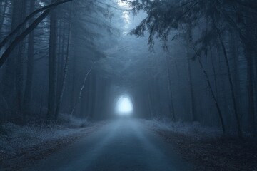 Fototapeta premium Enigmatic Forest Path: A Mystical Journey Through Foggy Woods