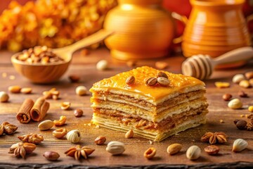 Aromatic layered dessert with honey glaze, nuts, and spices on rustic wood