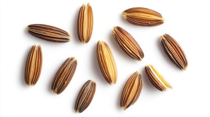 Obraz premium Brown rice uncooked and hulled on white top view on white background 