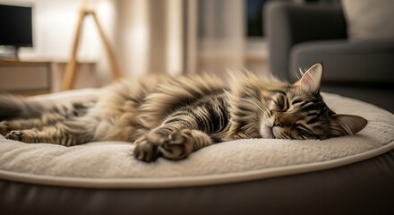 Relaxed Maine Coon cat sleeping comfortably on a soft cushion at home