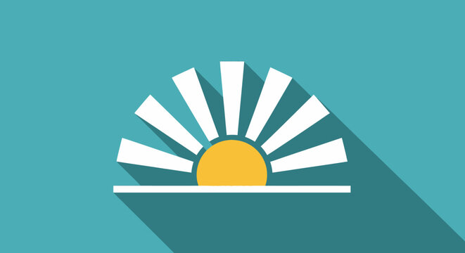 Stylized graphic illustration of sunrise over horizon with long shadows on a teal background evoking minimalistic design and optimistic outlook