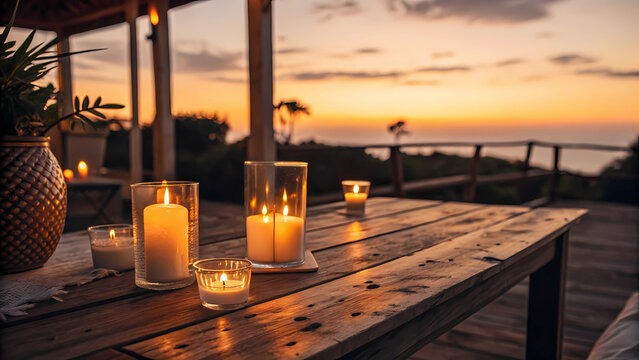 A serene outdoor setting with candles illuminating a wooden table at sunset, creating a romantic and tranquil atmosphere overlooking the sea, perfect for a relaxing evening or special celebration