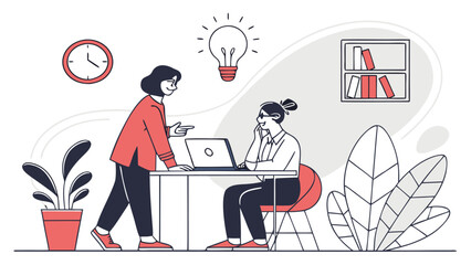 Illustration of two women in an office setting discussing ideas under a lightbulb with a laptop