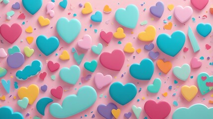 Colorful Hearts and Confetti on Pink Background for Valentine's Day