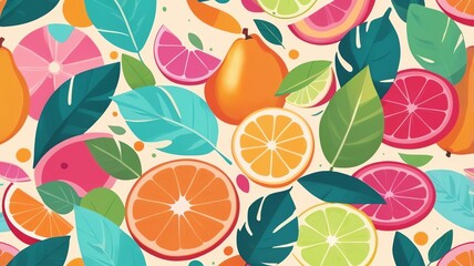Colorful Tropical Fruit and Leaf Pattern Design with Fresh Summer Theme